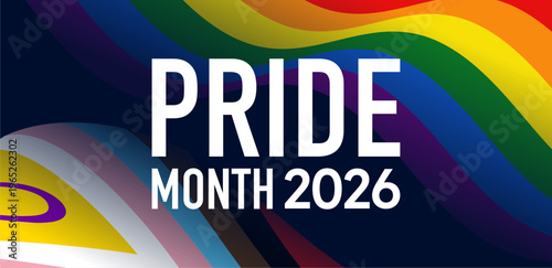 Pride Month 2026 background, LGBTQIA progress flag banner
