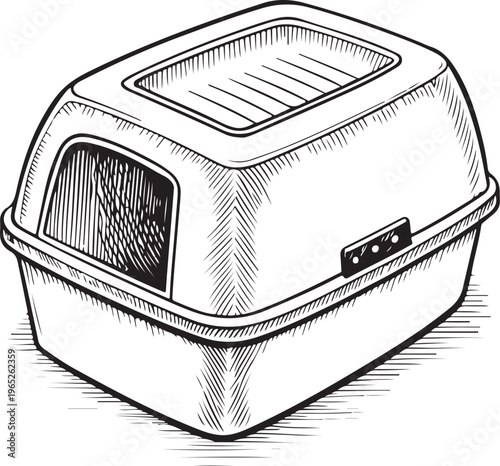 Cat Litter Box Hand-drawn Sketch Drawing Vector Illustration, Line Linear Symbol Black and White Engraving, Isolated