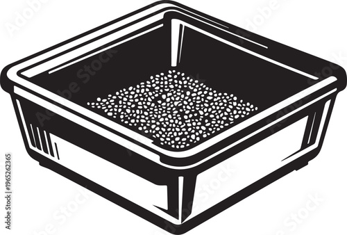 Cat Litter Box Hand-drawn Sketch Drawing Vector Illustration, Line Linear Symbol Black and White Engraving, Isolated