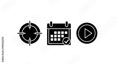 Vector illustration of set of icons including target, calendar with checkmark and play button on a transparent background