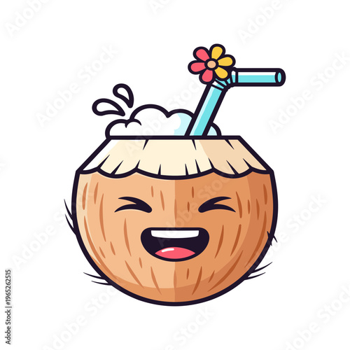 Cartoon Coconut Drink With Smiling Face.
