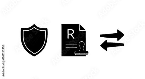 Vector illustration of shield with check mark, prescription paper and exchange arrows icons on a transparent background