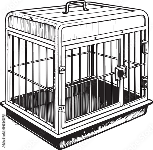 Pet Cage or Crate Hand-drawn Sketch Drawing Vector Illustration, Line Linear Symbol Black and White Engraving, Isolated