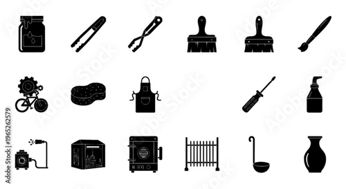 Vector illustration of set of various household, kitchen, and workshop tools and equipment icons on a transparent background