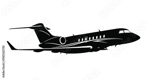 Luxury private jet illustration depicts a modern black aircraft in flight.