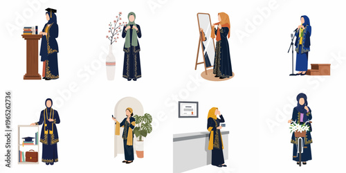Collection of illustrations featuring a Muslim woman in traditional attire across various life stages, including graduation, career, and personal moments.