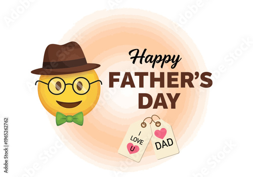 Happy fathers day greeting card with smiling face emoji wearing glasses and hat