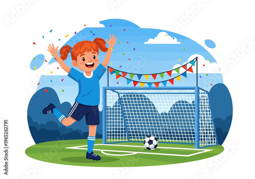 A young girl celebrating scoring a goal in a soccer game on a sunny day
