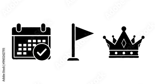 Vector illustration of calendar with check mark, flag icon, and crown icon set on a transparent background