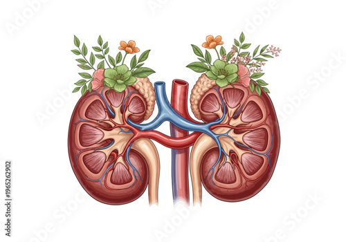 Anatomy of human kidney with flowers on top
