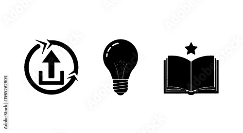 Vector illustration of set of icons including upload sync, light bulb idea, and book with star on a transparent background