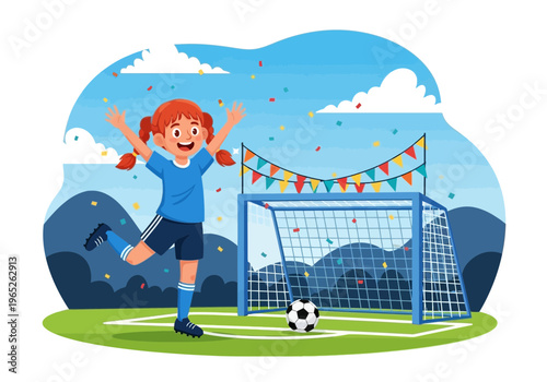 Happy cartoon girl playing soccer with goal and confetti