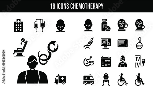 Chemotherapy Medical Icon Set with Cancer Treatment Symbols Including IV Therapy Hospital Patient Oncology Medicine and Healthcare Vector Icons