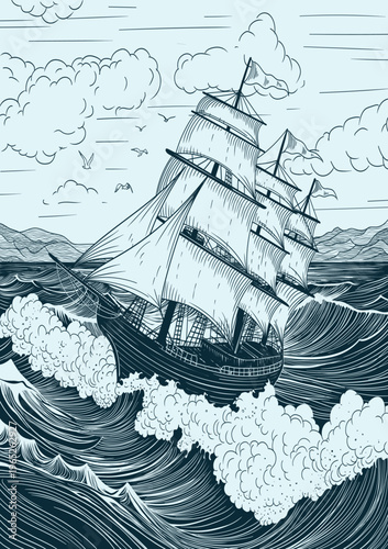 Vintage Sailing Ship Illustration on Stormy Sea