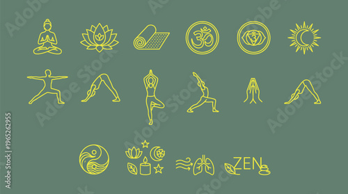 Modern Yoga Wellness Line Icon Set