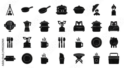 Vector illustration of set of camping cooking equipment icons on a transparent background