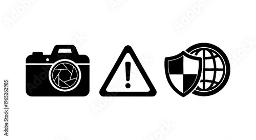 Vector illustration of camera, warning sign and shield globe icons set on a transparent background
