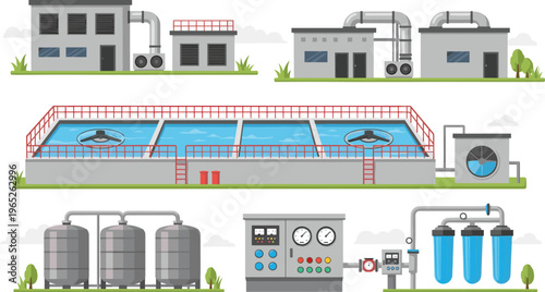 Water treatment plant industrial facility set with filtration tanks purification system wastewater processing equipment flat vector illustration for environmental infrastructure design