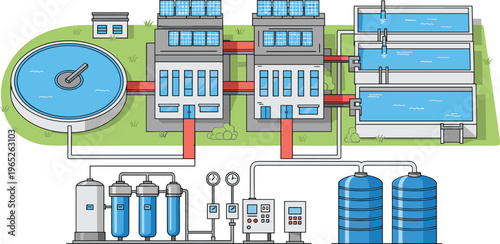 Water treatment plant with filtration tanks reservoirs purification system and control equipment municipal wastewater processing flat vector illustration