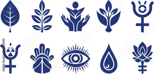 Collection of mystical and spiritual symbols including leaves hands eyes and abstract motifs in blue on white background