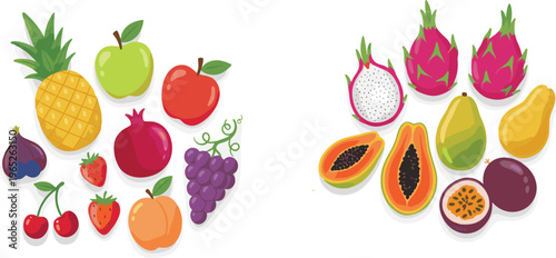 Large diverse collection of common and exotic tropical fruits including dragon fruit papaya apple and berries flat vector