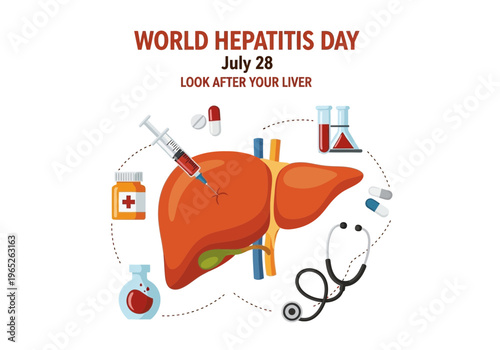 World hepatitis day poster with liver and medical elements