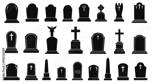 Collection of Tombstone Silhouettes: Gravestone Icons and Cemetery Symbols