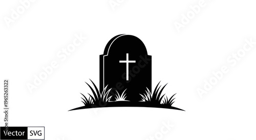 Gravestone with Cross and Grass - Vector Icon