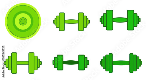 Green Dumbbells and Weight Plate Collection - Fitness and Workout Icon Set