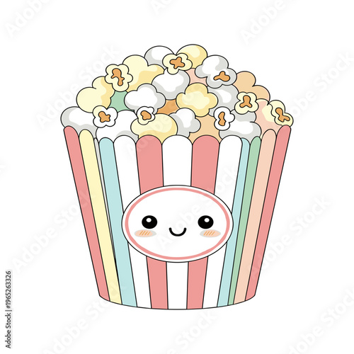 Colorful cartoon popcorn bucket smiling face.