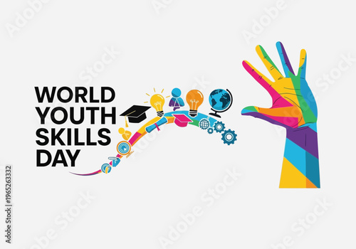 World youth skills day poster with colorful hand and icons