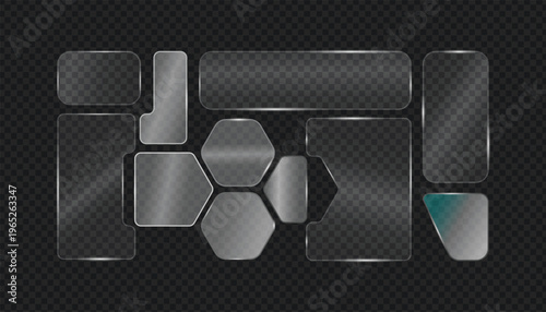 Transparent glass effect UI design elements vector pack, Modern frosted glass morphism shapes for digital interface design.