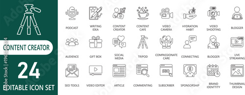 Content creator outline icons for video ,microphone, multimedia,  marketing,  audience, creation,  workflow and more icon