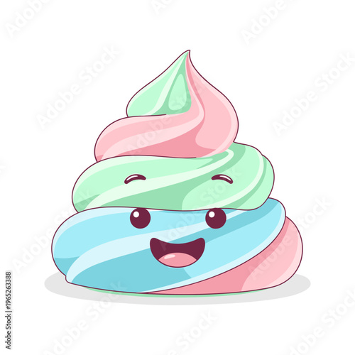 Colorful cartoon swirl dessert smiling face.