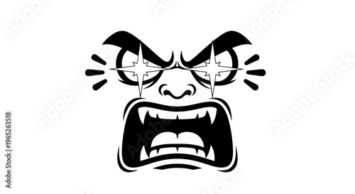 Angry Monster Face with Sharp Teeth and Starburst Eyes - Vector Illustration