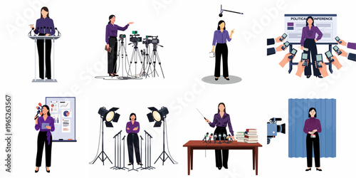 Collection of illustrations depicting a professional woman in various media, political, and public speaking scenarios, including press conferences and interviews.