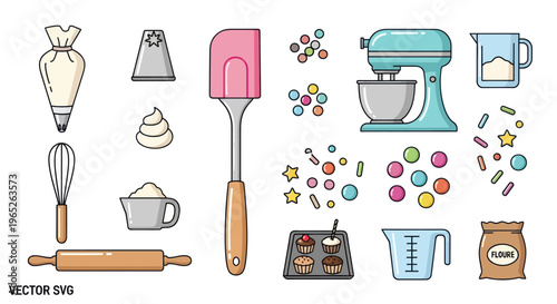 Baking Tools and Sweets Icon Set: Mixer, Pastry Bag, Sprinkles, Cupcakes