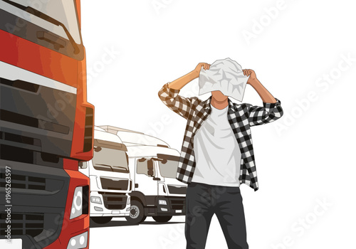 Truck driver with cloth on head standing beside truck