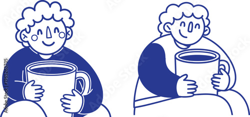 Two cartoon characters holding large mugs of coffee or tea