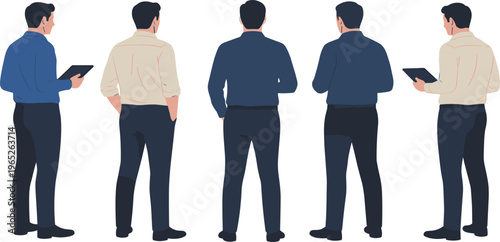 Men in professional business attire seen from rear and side profile views holding digital tablets flat vector character set