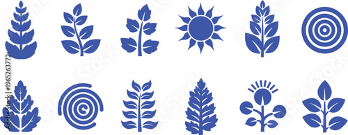 Collection of stylized blue plant and sun icons in various symmetrical designs