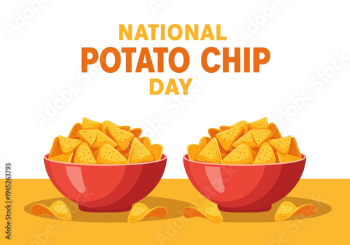 Two red bowls of potato chips on yellow background for national potato chip day