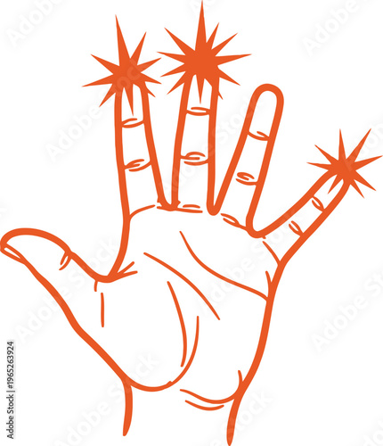 A hand with fingers spread and starburst markings on fingertips