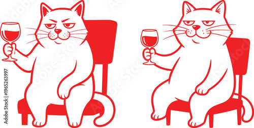 Two cartoon cats sitting on red chairs with wine glasses in a humorous illustration