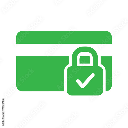 Green credit card icon overlaid with a secure padlock featuring a white checkmark indicating successful transaction.