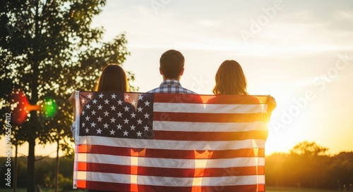 Patriotic family honoring memorial day with american flag at sunset