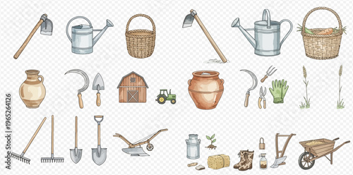 Watercolor illustration of various farm and garden tools, equipment, and agricultural elements on a transparent background.