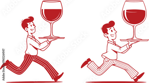 Two cartoon waiters running with wine glasses on trays in opposite directions