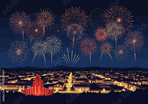 Vibrant fireworks display over cityscape at nighttime celebration