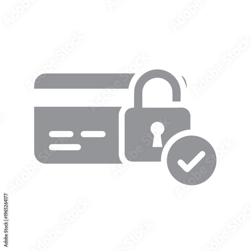 Monochrome gray icon displaying a locked bank card alongside a confirmation checkmark for secure processing.